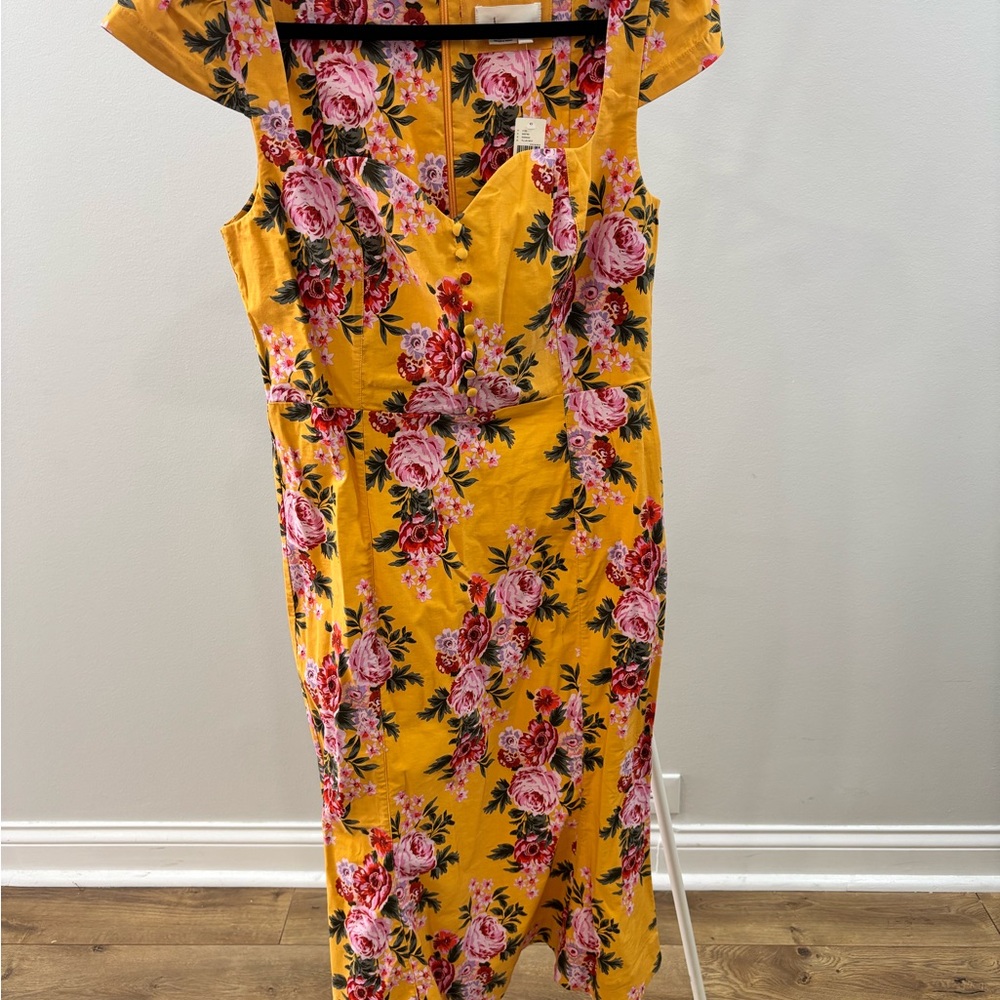 Anthropologie Yellow Pink Ruffled Tiered Midi Dress